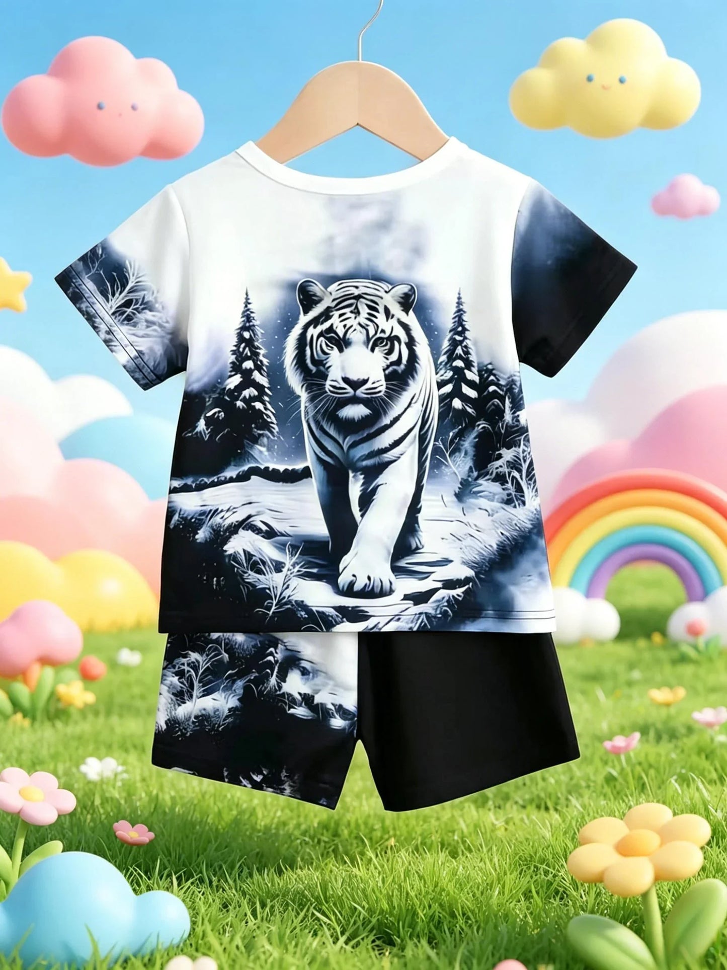 Summer New Arrival Boys Ink Wash Tiger All Over Print Short Sleeve Shorts Set