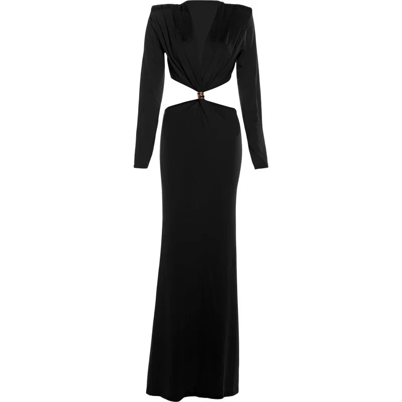 Waistless V-neck Women Maxi Dresses Classic Elegant Lapel Full Sleeve V-neck Sheath Vestidos Female High Street Bodycon