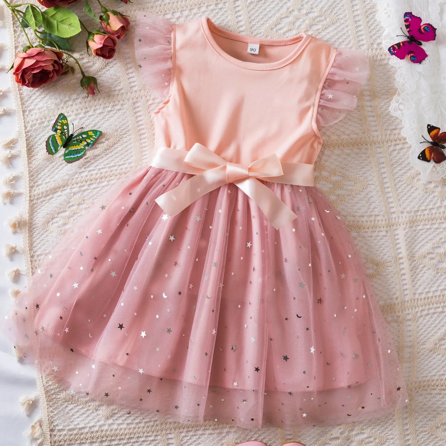 Rumi Girls Sequin Tutu Dress with Bow Flutter Sleeves Summer Princess Party Outfit for Toddler Kids 2-6 Years