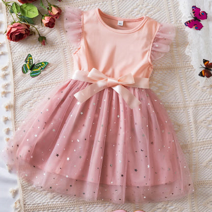 Rumi Girls Sequin Tutu Dress with Bow Flutter Sleeves Summer Princess Party Outfit for Toddler Kids 2-6 Years