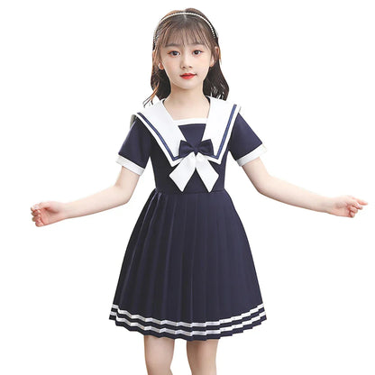 Short Sleeve Solid Color Sailor Collar Dress Girls Princess Style Birthdays Party Dress Girls Casual Dresses