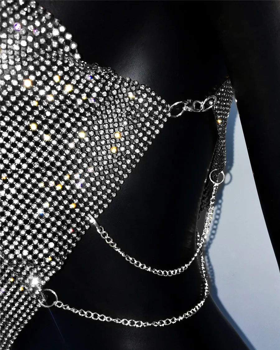 Shiny Rhinestone Metal Camisole For Women Sexy Backless Single shoulder Side Split Tank Tops Cocktail Party Club Crop Top Y2K