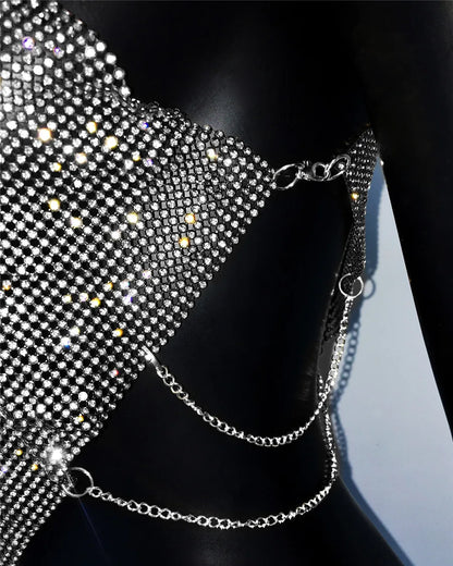 Shiny Rhinestone Metal Camisole For Women Sexy Backless Single shoulder Side Split Tank Tops Cocktail Party Club Crop Top Y2K