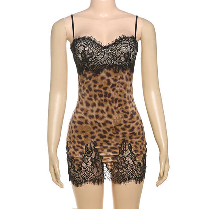 Patchwork Printed Leopard Lace Women Mini Dress Spaghetti Strap High Waist Dress Summer Slim Elegant Party Club Dress