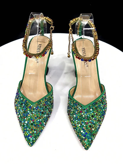 Shiny Italian Fashion Women’s Pointed Toe Heels with Rhinestone Detailing & Matching Green Color Bag Set