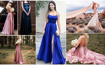 Ladies Navy Blue A-line Long Satin Evening Dresses For Women 2024 Spaghetti Straps Sexy Slit Cocktail Prom Party Gown Gala Dress