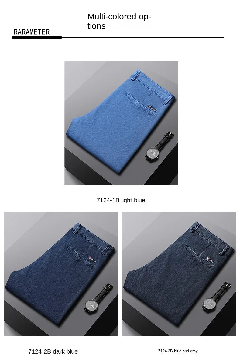 2026 Brand High Lyocell  Men's Fit Straight Lightweight Cotton Stretch Denim Business Casual High Waist Thin Light Grey Jeans