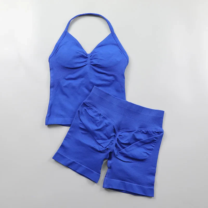 Yoga Longline Strappy Top Leggings Set Women's Backless Camisole Built-In bra Vest High-Waisted Hip Lift Gym Shorts Sports Set