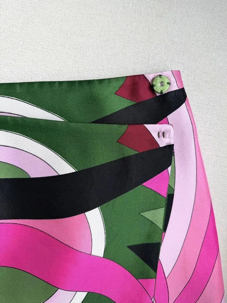 Summer Fashion Party Geometric Print High Quality Real Silk A-Line Mini Skirt Women's Buckle Strap Middle Waist Slim Short Skirt