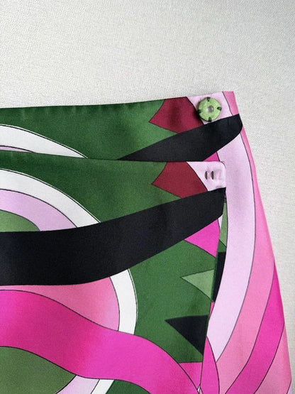 Summer Fashion Party Geometric Print High Quality Real Silk A-Line Mini Skirt Women's Buckle Strap Middle Waist Slim Short Skirt