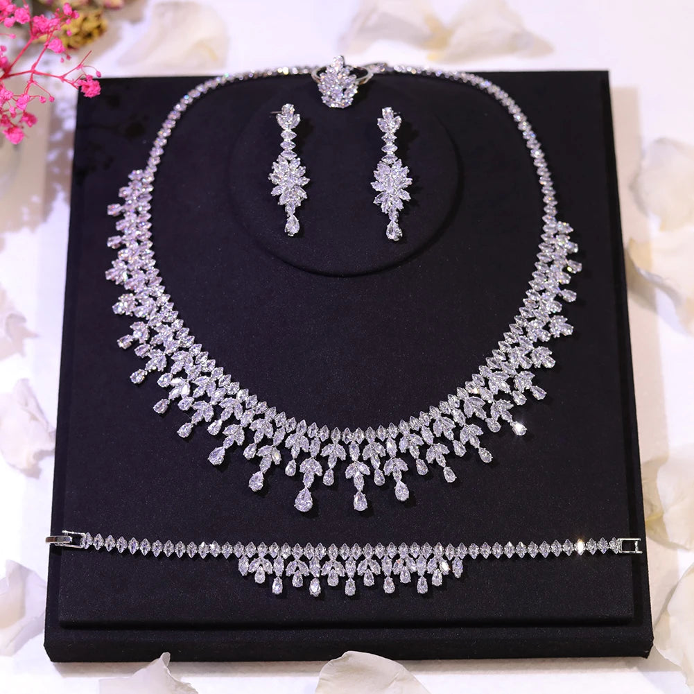 Dubai Jewelry Sets Leaf Design Bridal Necklace Earring Set 5A Cubic Zirconia Femme Ladies Wedding Accessories