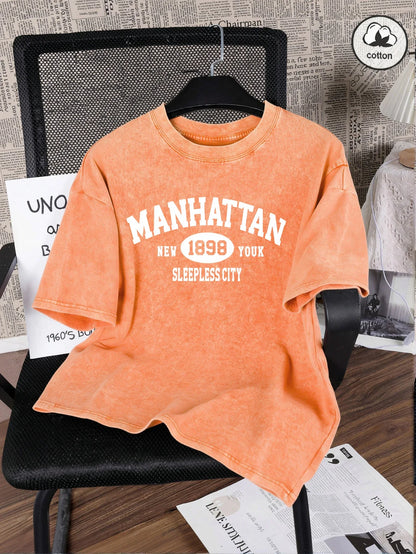 Manhattan New York Sleepless City Print Washed T Shirt Man Summer O-Neck Retro T-Shirts Fashion Cotton All-Match Top Unisex Tee