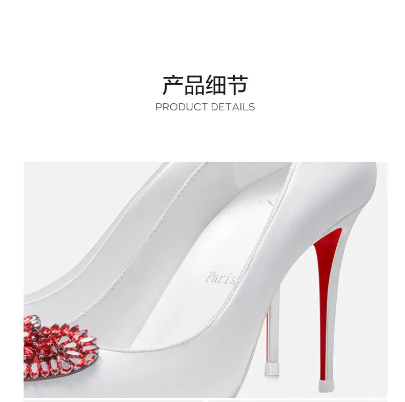 Red soled heart-shaped rhinestone white high-heeled shoes for women's 2025 wedding, exuding a refined and refined style