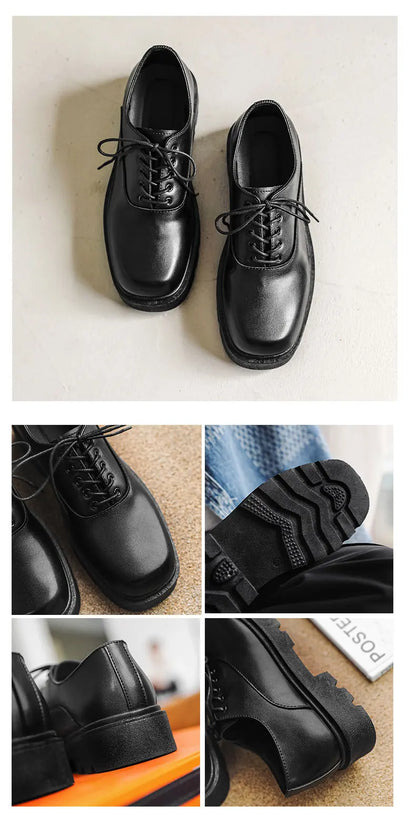 Men's Formal Shoes with Flat Heel Low Top Lace-up Solid Color Thick Sole Unique and Fashionable New Style Leather Shoes