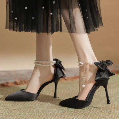 New Women Thin Heel Hollow Sandals Woman Pearl Butterfly Pointed Toe High Heels Pumps Womens Drees Shoes Wedding Shoes