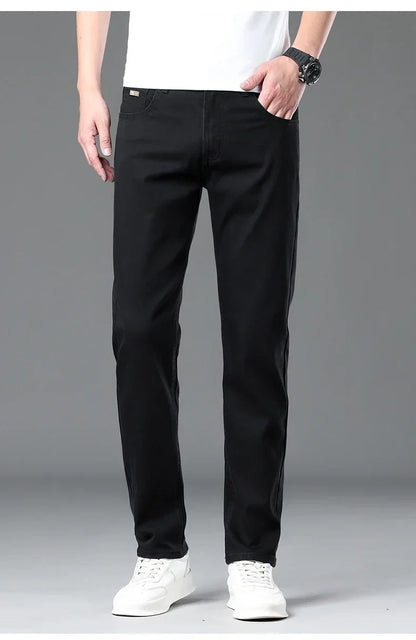 Summer Lyocell Ultra-thin Jeans Men Straight Stretch Breathable Denim Pants Fashion Business Casual Male Trousers Black Gray