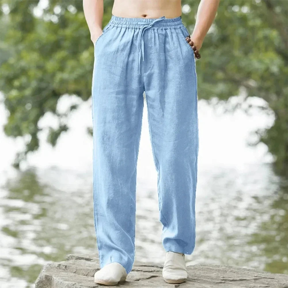 Men's Cotton Linen Pants Loose Cool Casual Long Pants Elastic Waist Long Pant Casual Large Size Streetwear Lightweight Trousers