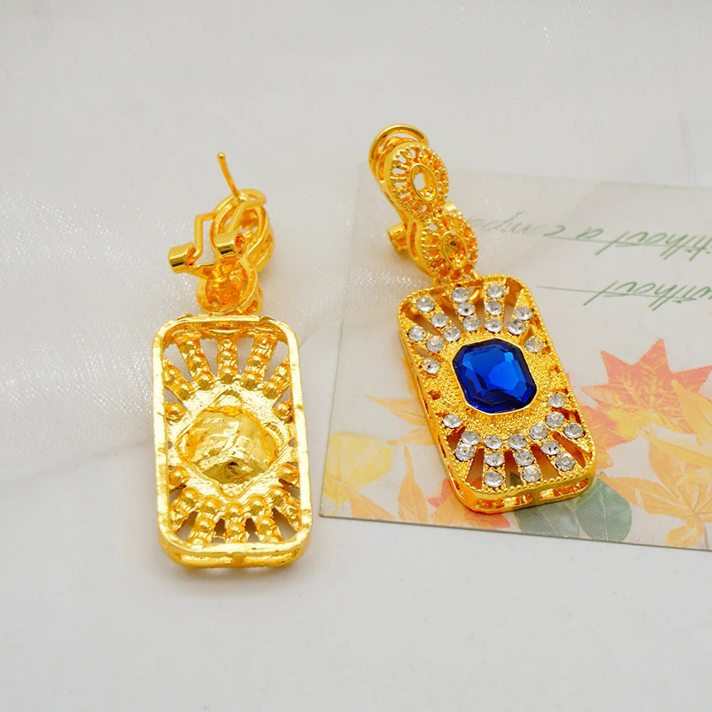 Women Gold Color Jewelry Sets Blue Pendant Necklace Earrings Bracelet Ring Sets Party Gifts