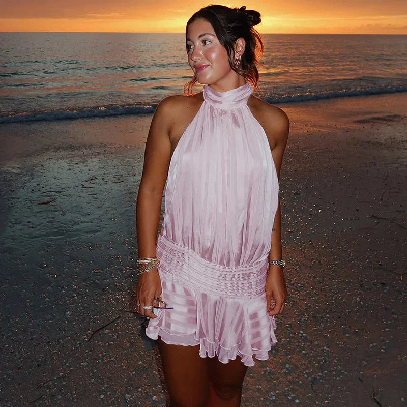 Stunning Shiny Ruffles Lace Up Mini Dress Women's Chic Loose Hollow Out A-line Pleated Vestidos Lady Summer Party Gowns 2025 New
