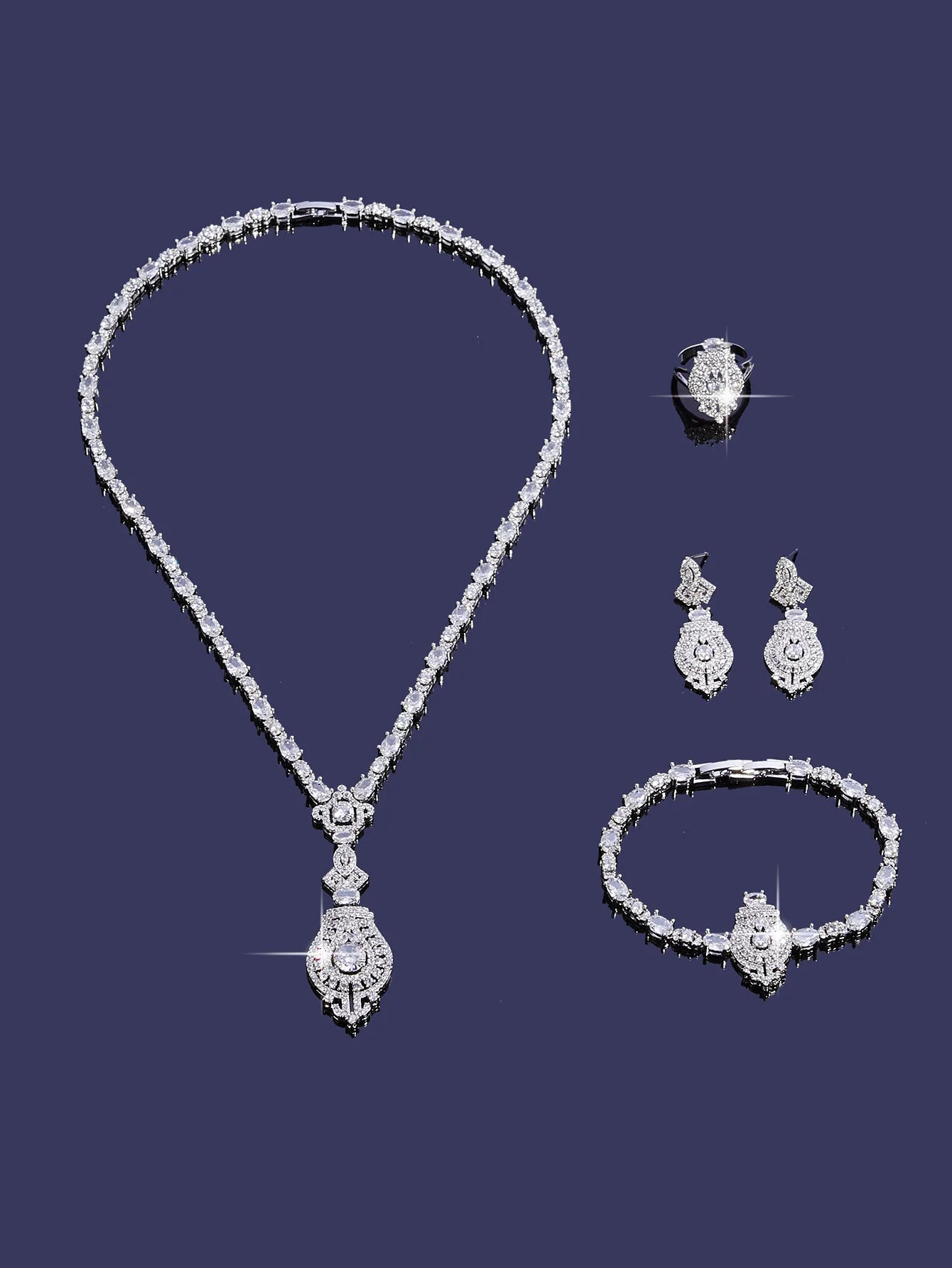 4 Pieces Luxury Blue Turquoise Cubic Zirconia Bridal Jewelry Set Nigeria Dubai Bridal Jewelry Accessories