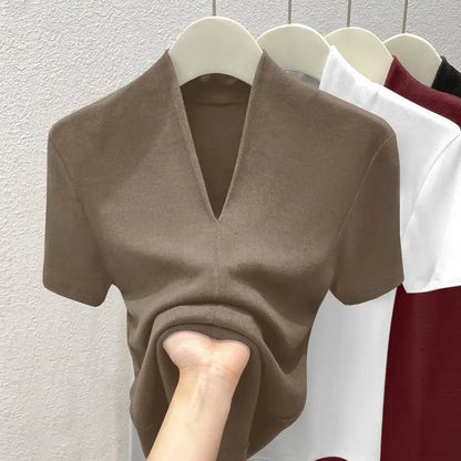 V Neck Slim T Shirt Women Cotton Elastic Basic Solid Female Casual Tops Short Sleeve Thin T-shirts