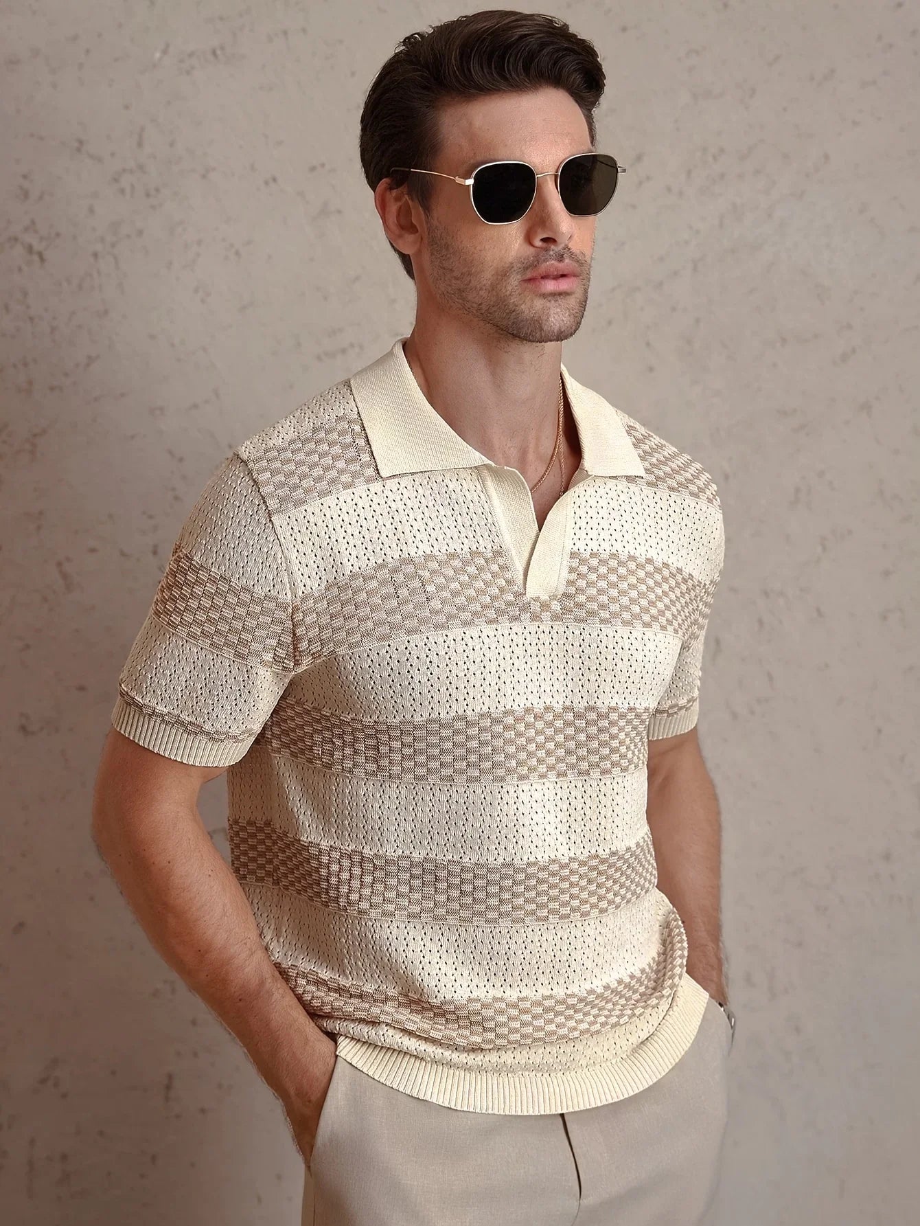 Daily Casual Mens Knitted Polo Shirts 2026 Summer Fashion Striped Contrast Color Knit Pullovers Men Stylish Turn-down Collar Top