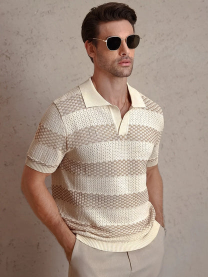 Daily Casual Mens Knitted Polo Shirts 2026 Summer Fashion Striped Contrast Color Knit Pullovers Men Stylish Turn-down Collar Top