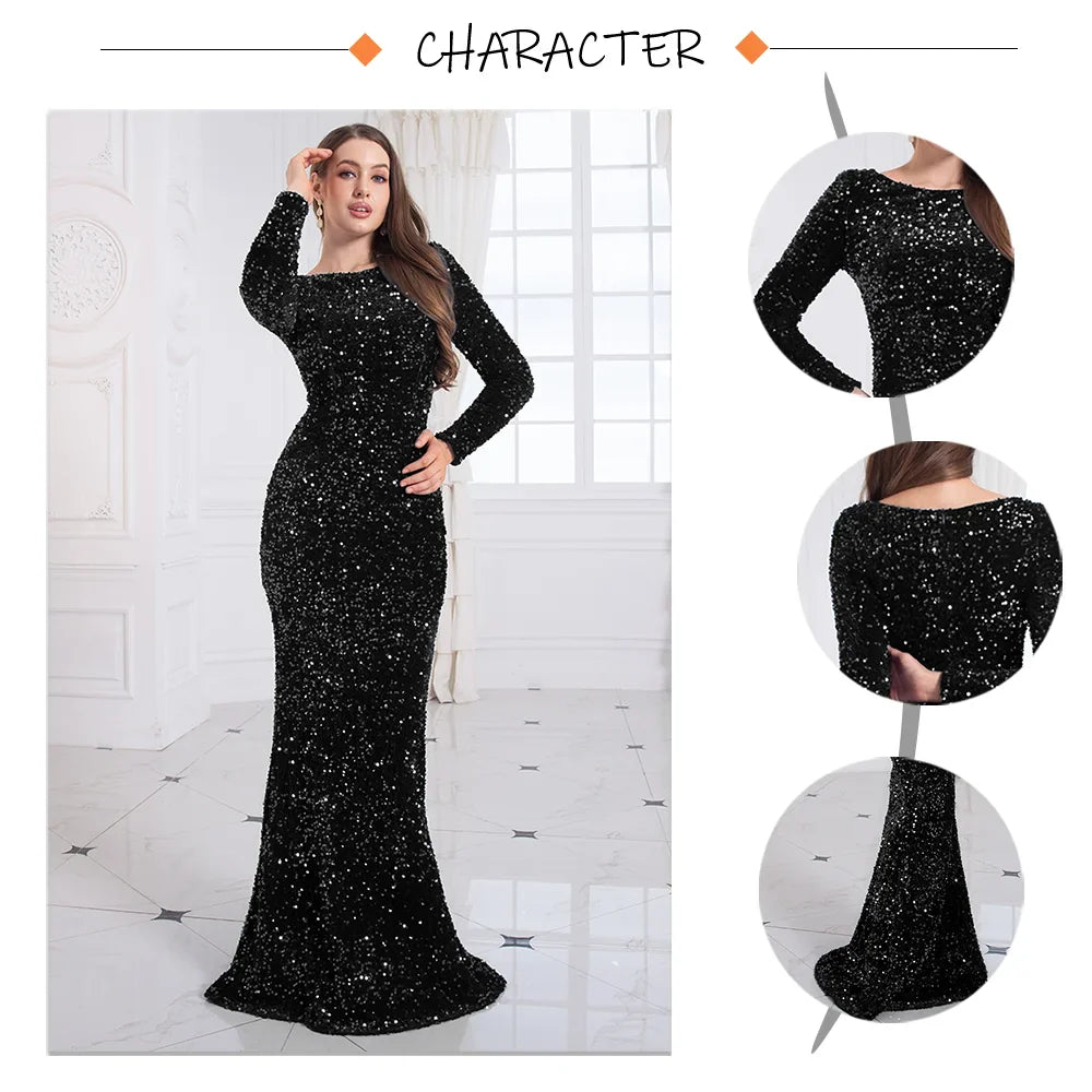 Romagic Women Modest Stretch Sequin O Neck Evening Prom Gown Party Long Dresses Full Sleeved Mermaid Formal Dinner Elegant Dress