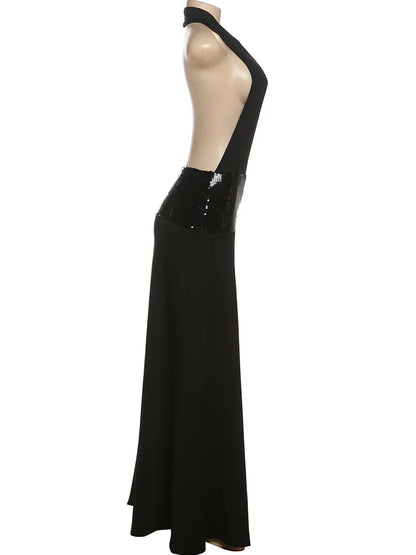 Backless Fashion Dresses Elegant Halter Patchwork Draped Maxi Bodycon Female Solid Simple Evening Party Frock New