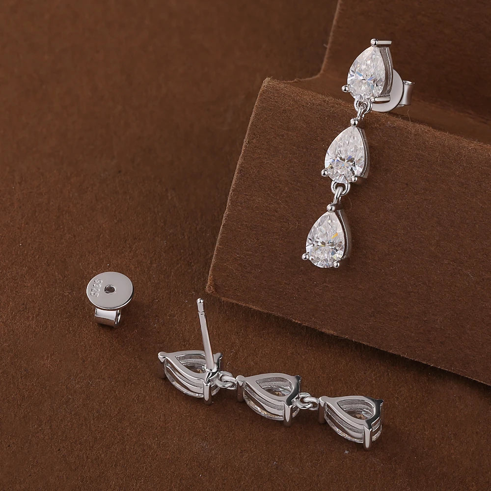 3-Stone Pear Cut Real Moissanite Diamond Drop Earrings for Women 925 Sterling Silver Waterdrop Dangle Earring with Certificate