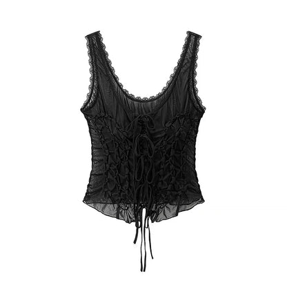 Women Fashion Solid Pleated Lace Up Slim Fitting Camis Vintage Straps V-Neck Female Chic Lady Tank Tops