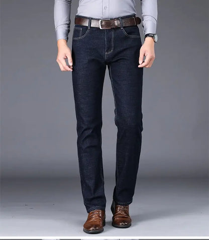 Autumn and Winter New Male Business Casual Stretch Trousers Concise Blue Denim Pants Men's Loose Straight Jeans Jeans for Man