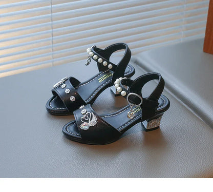 Girls Shiny Rhinestone Flowers Leather Sandals 2026 New Summer Toddler Strappy Sandals Hight Heel Soft Sole Princess Style Shoes