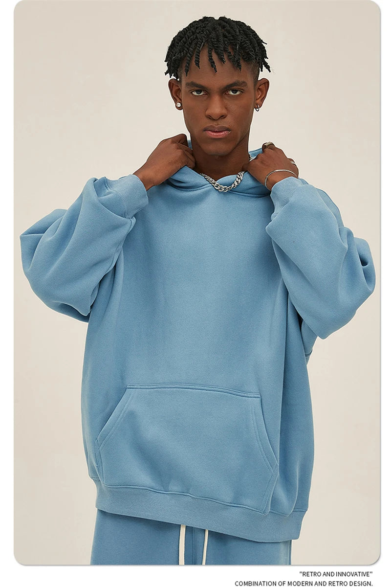 Thick 350gsm Fleece Hooded Hoodies For Men Unisex Winter Oversized Loose Basic Solid Sweatshirts Pullovers Coats HY0631