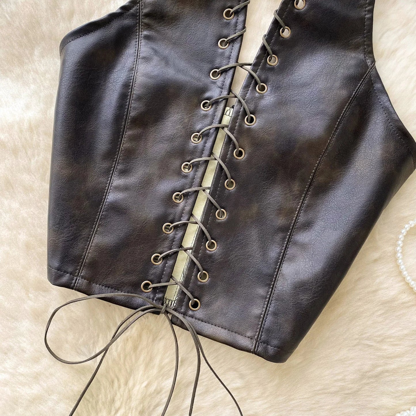 New Sexy Crop Top Inside Women Black PU Leather Rope Strap Hollow Out Punk Style Tank Tops Vest Fashion Backless Club Party Wear