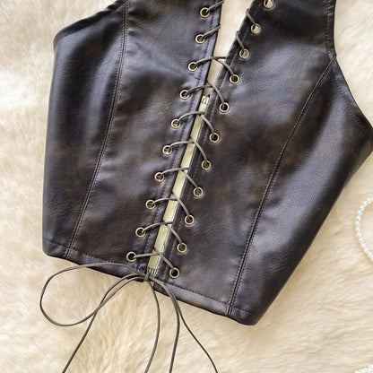 New Sexy Crop Top Inside Women Black PU Leather Rope Strap Hollow Out Punk Style Tank Tops Vest Fashion Backless Club Party Wear