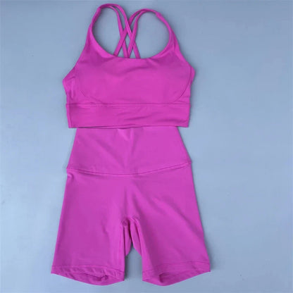 Solid Color soft gym Yoga Set short Legging +cross sport bra Tracksuit  Women Gym Suit Comprehensive Training Jogging Athletic