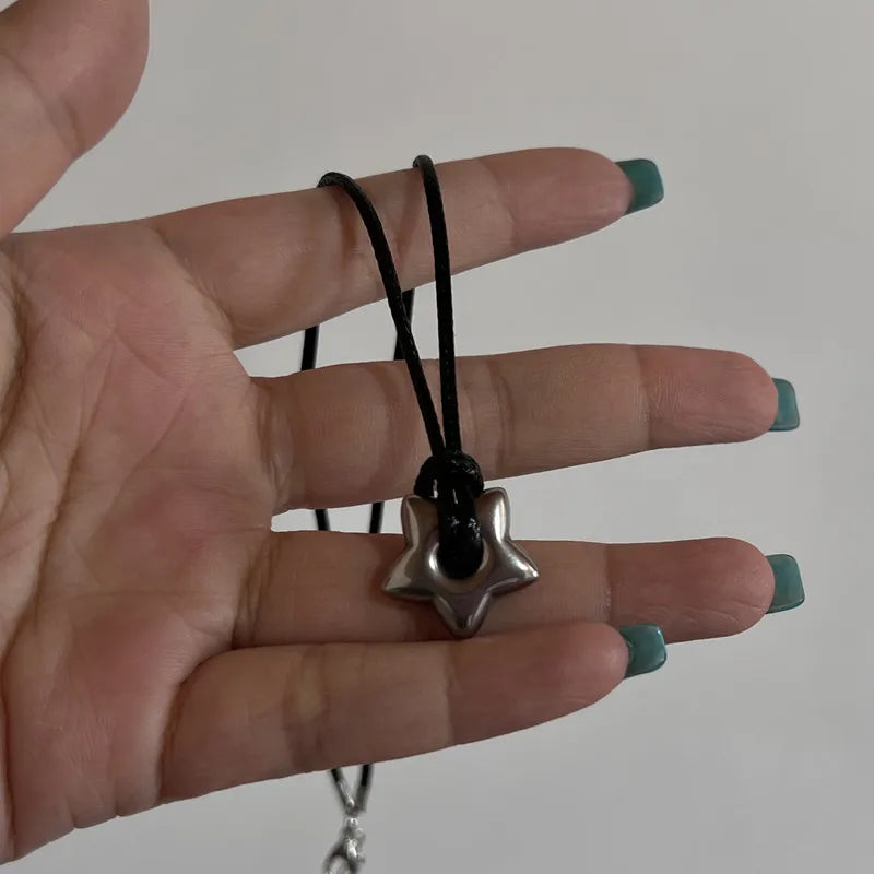 New Korean Fashion Hollow Titanium Steel Star Pentagram Pendant Necklace for Women Men Black Rope Chain Choker Y2k Party Jewelry
