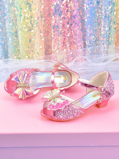 Women's girls' fashionable crystal bow high heels, student princess shoes