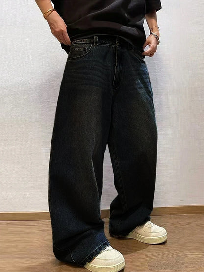 1Pc Men's Wide Pants Brushed Jeans Wide Jeans Y2K New Rocks Jeans Buggy Black Hip-Hop Pants