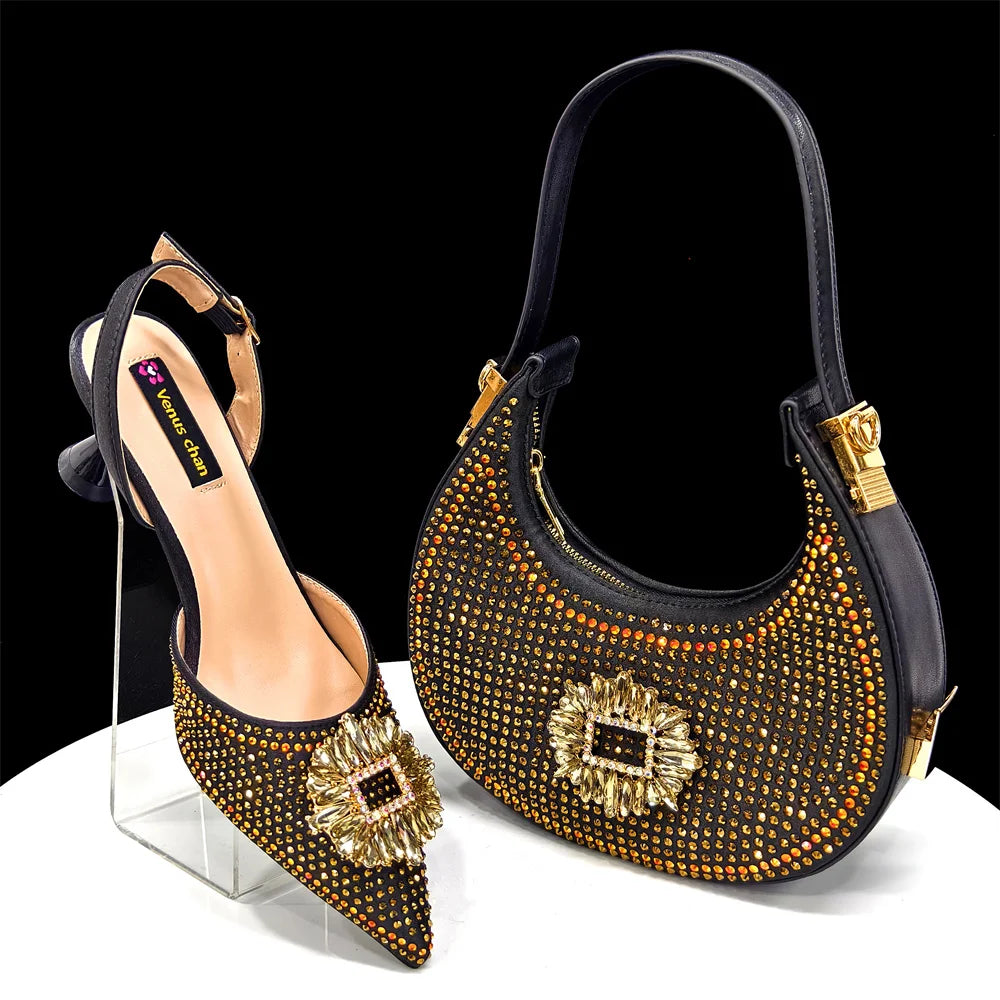Nigerian Women's Party Shoes and Bags Medium Heel Pointed Toe Elegant Party Footwear With Matching Color Handbag for Women