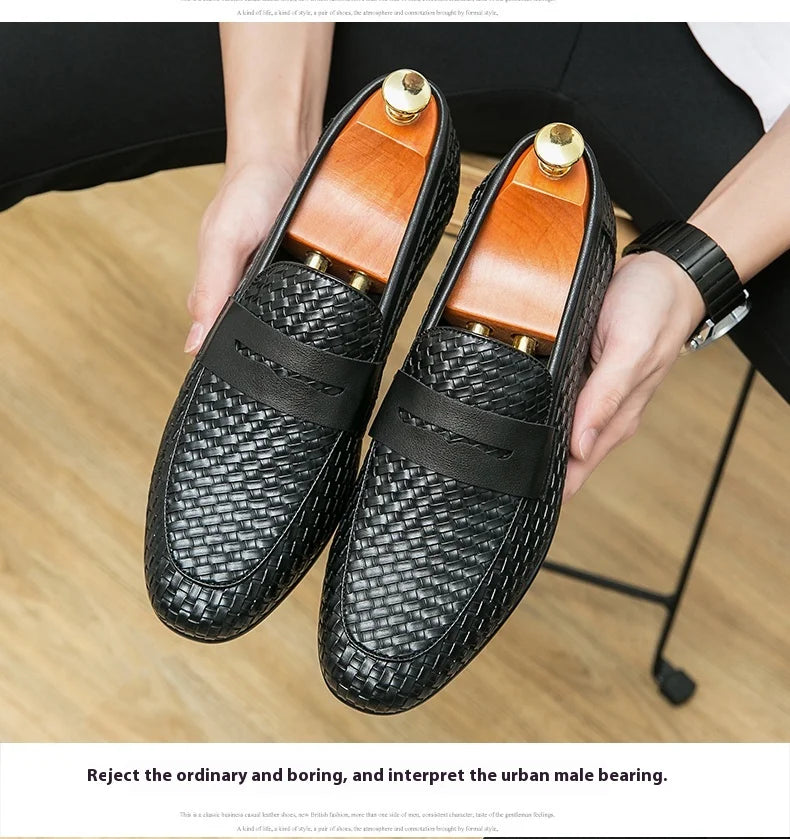 European station fashion brand luxury bean shoes leather men's shoes slip-on loafers classic plaid small leather shoes