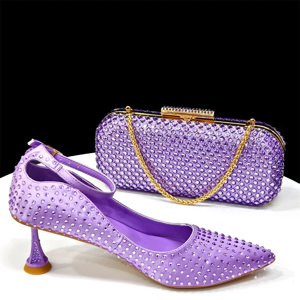 Fuchsia Color Women's Heels and Bag Set – Elegant Rhinestone Designer Shoes for Weddings & Special Occasions