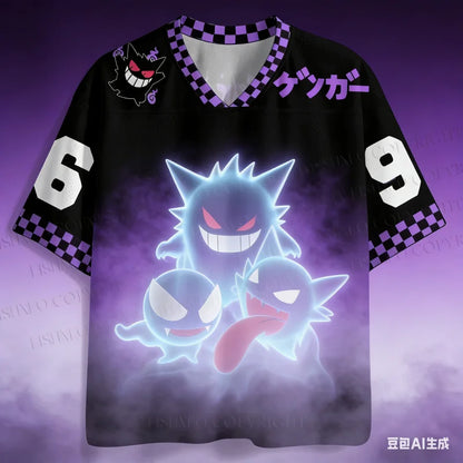 Y2K Adult Gengar 3D Print V-Neck Purple-Black Ghost Retro Anime Raglan Sleeve T-Shirt