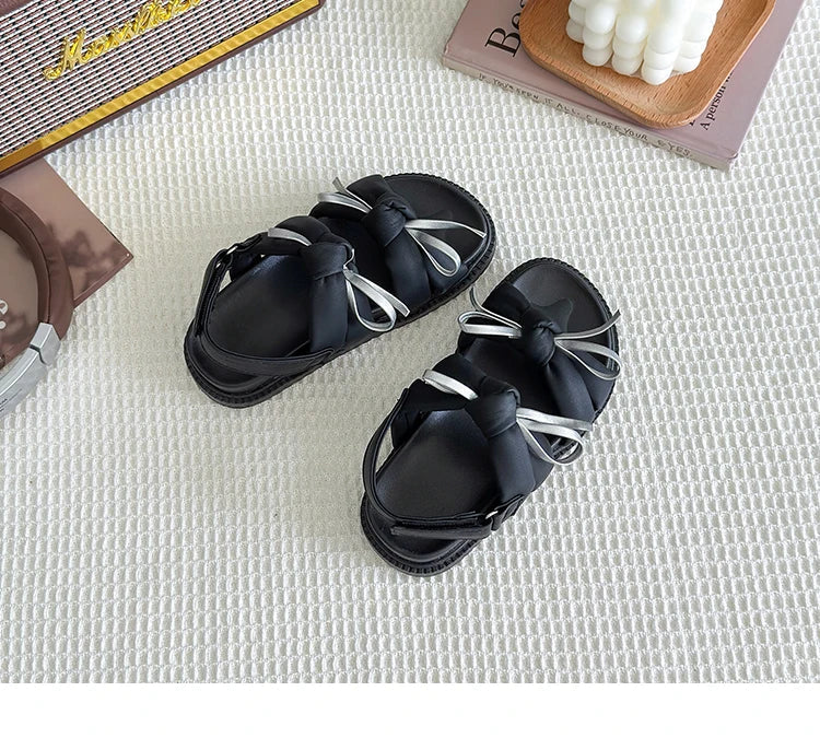 2026 Summer Girls Princess Sandals with Double Bow-knots Soft Fashion Classic Kids Summer Beach Shoes Open Toes Sweet Anti-skid