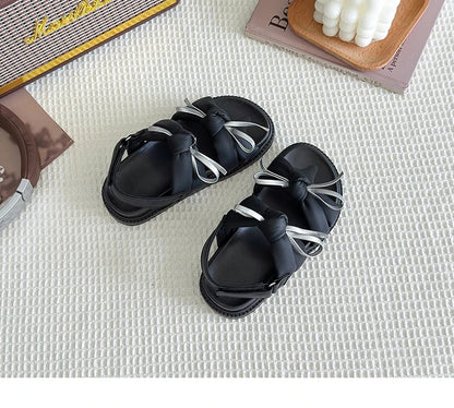 2026 Summer Girls Princess Sandals with Double Bow-knots Soft Fashion Classic Kids Summer Beach Shoes Open Toes Sweet Anti-skid