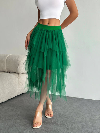 Ladies' high waisted elastic waist layered chiffon midi skirt with irregular asymmetric hem party casual mesh fairy ballet skirt