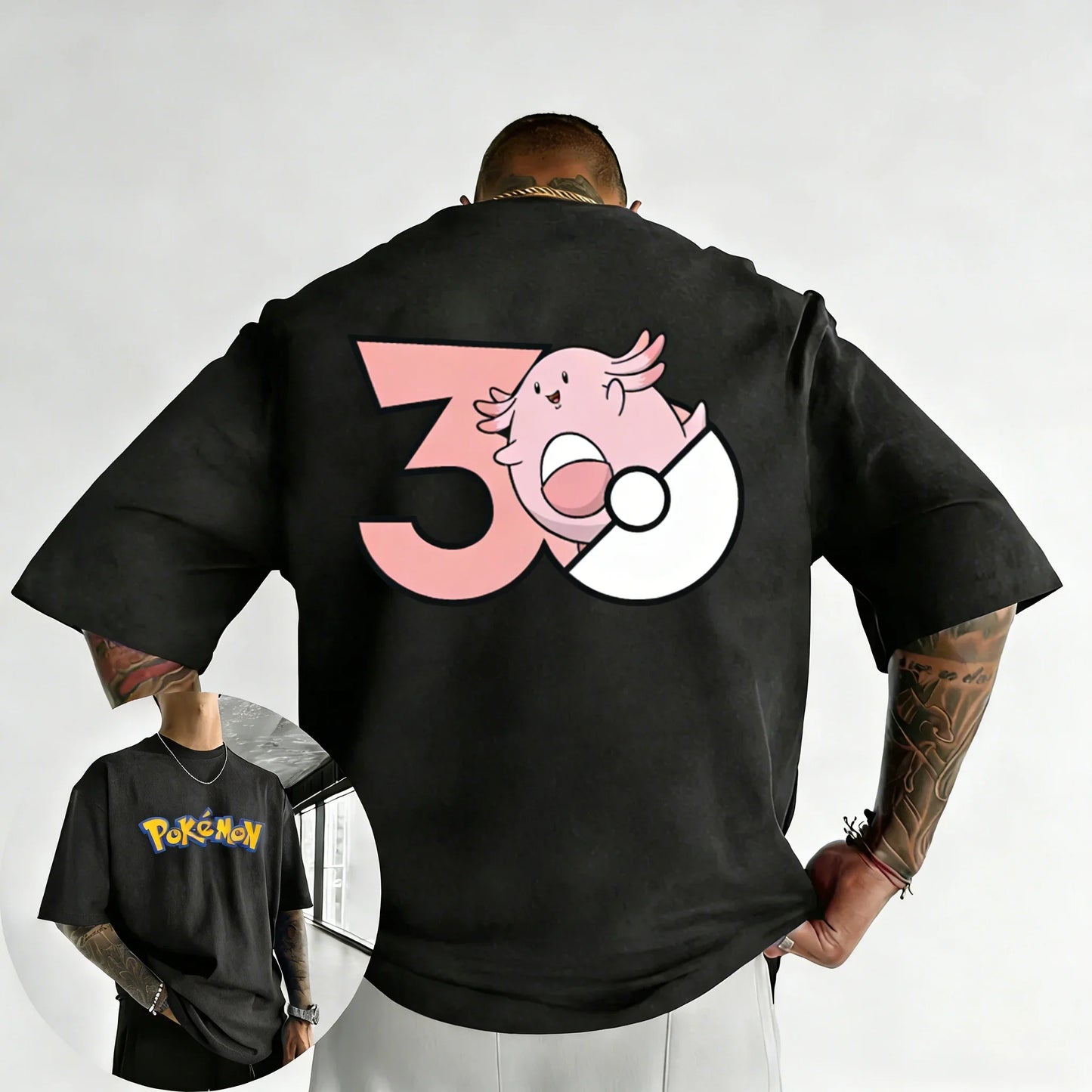 30th Anniversary Chansey Printed T-shirt Summer New Men's and Women's Harajuku Large Loose Casual Short Sleeve Top