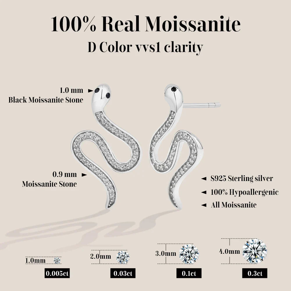 Full moissanite Snake Stud Earring For Women Girls Real 925 Sterling Silver Jewelry Engagement Party Gifts High Quality