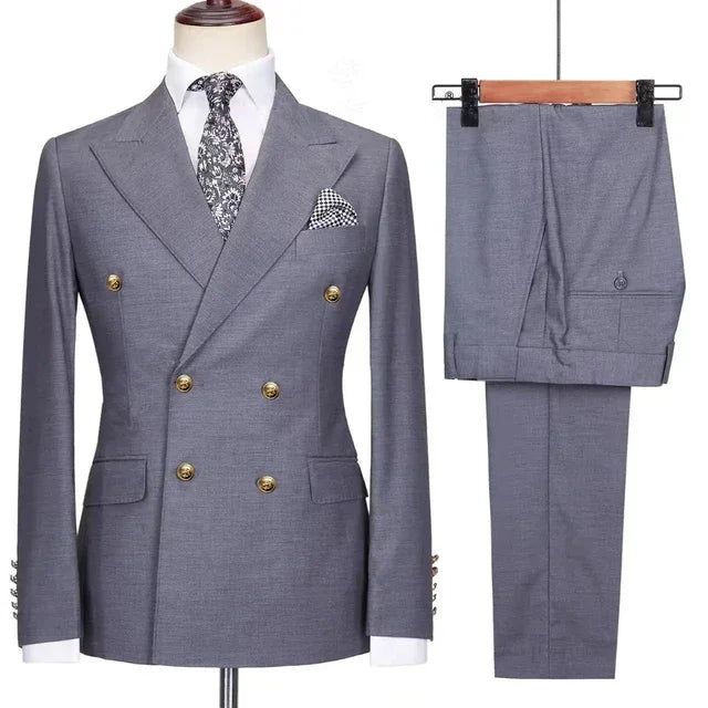 Double Breasted Men Suit Navy Blue High Quality Wedding Costume Party Prom Gold Buttons Groom Suits